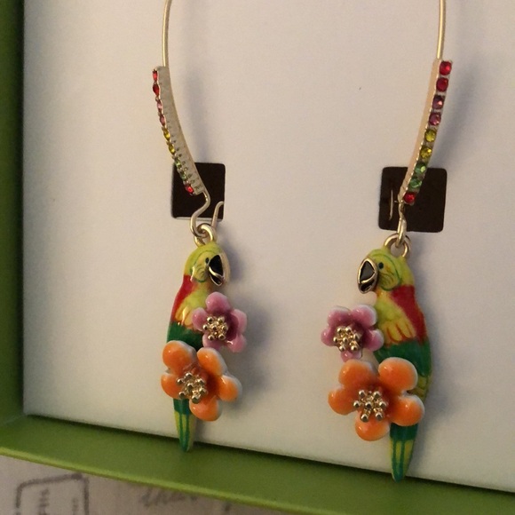 Betsey Johnson Gold Tone Rainbow Enamel Parrot & Flower Drop Earrings NIB - Picture 6 of 16